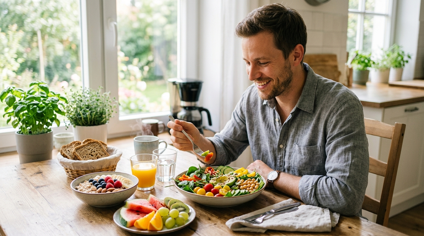 Friss és tápláló reggeli tányér zöldségekkel és gyümölcsökkel