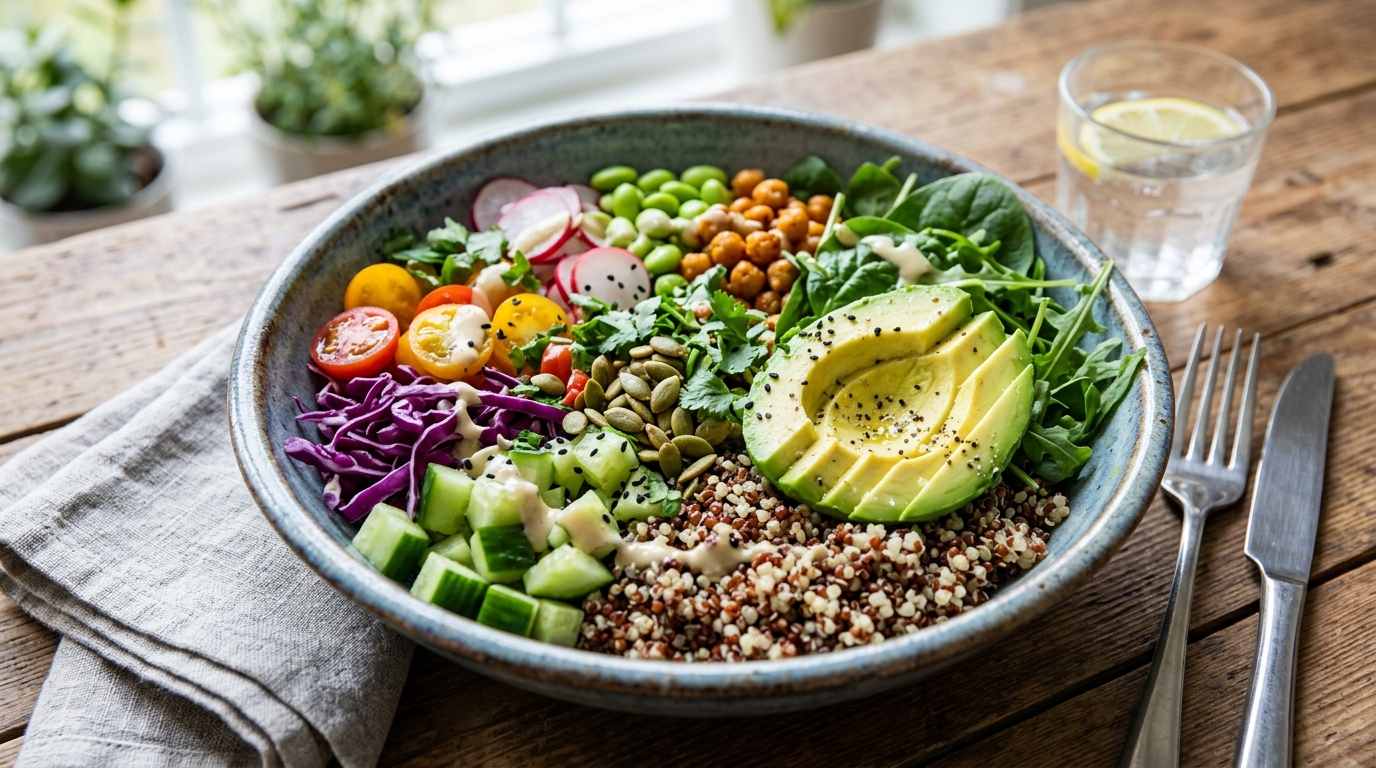 Egészséges ebéd tál friss zöldségekkel, quinoával és avokádóval
